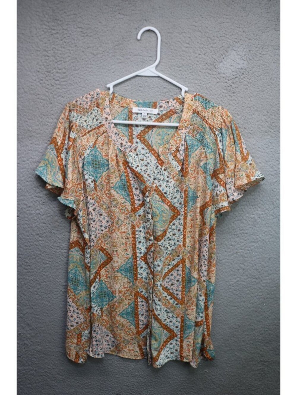 Rose & Olive Short Flutter Sleeve Smocked Button Up Top-Size 1X-Silky-Business